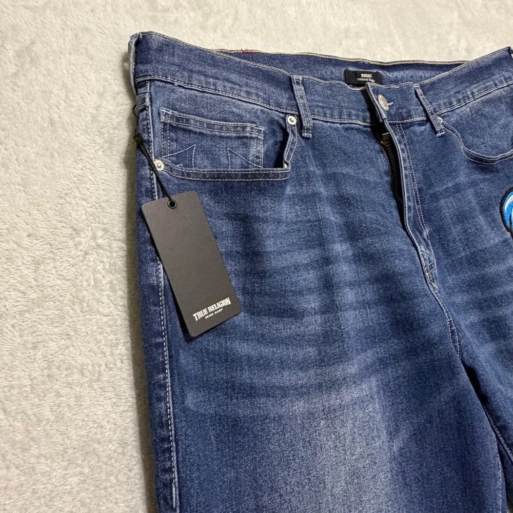True Religion Bobby Relaxed Baggy Jeans Mens 36 Blue Applique Denim Streetwear